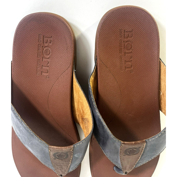Born Gavin Leather Sandals Navy Brown Flip Flops Size 12M Casual Beach Vacation - Picture 6 of 8